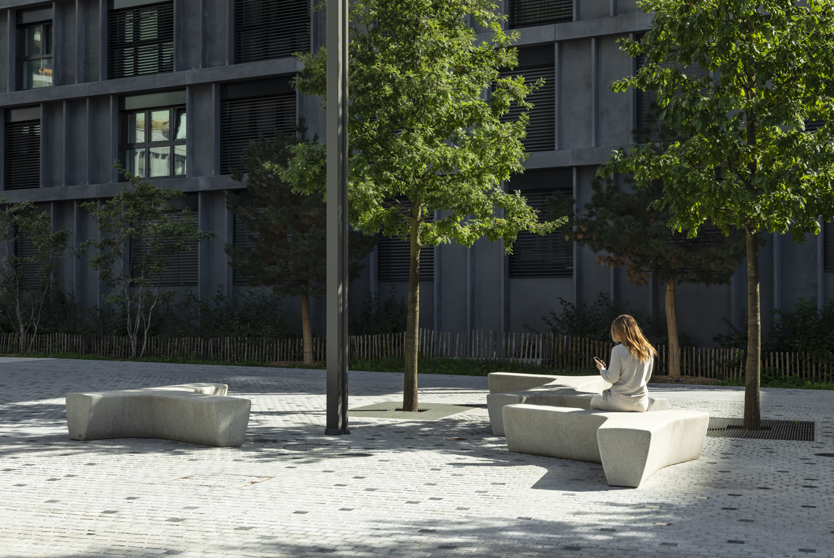 Quartier de l'Étang, Ginebra. Mobiliario urbano de Escofet.